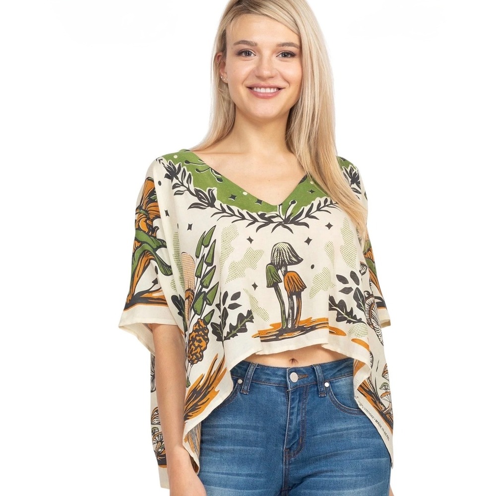 Lakhays Mushroom Print Crop Top Green Yellow Boho Hippie Kimono Sleeve Blouse OS